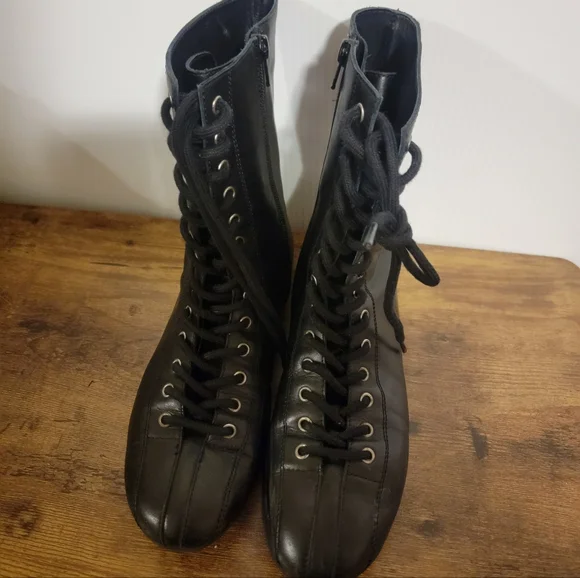 Free People Black Leather Lace Up Ankle Boots Size 9 - Picture 2 of 8